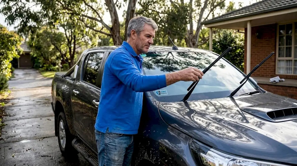 Driver checks wiper blades in driveway